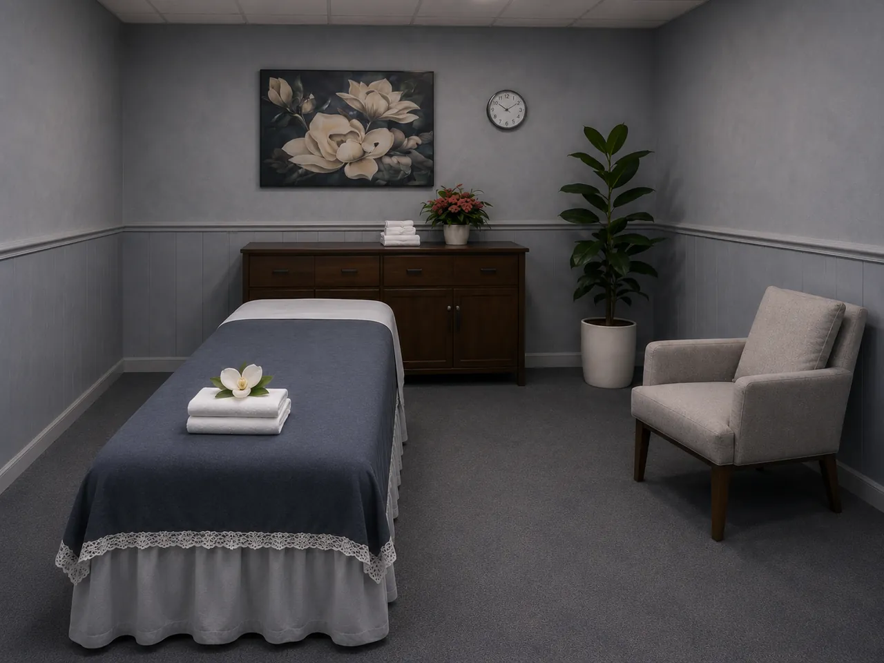 Private massage room with a navy table cover at V Healing Massage Spa in Largo, FL