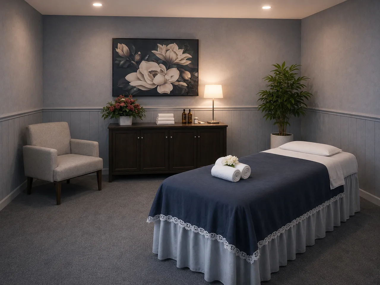 Quiet massage room with a lamp and an armchair at V Healing Massage Spa in Largo, FL