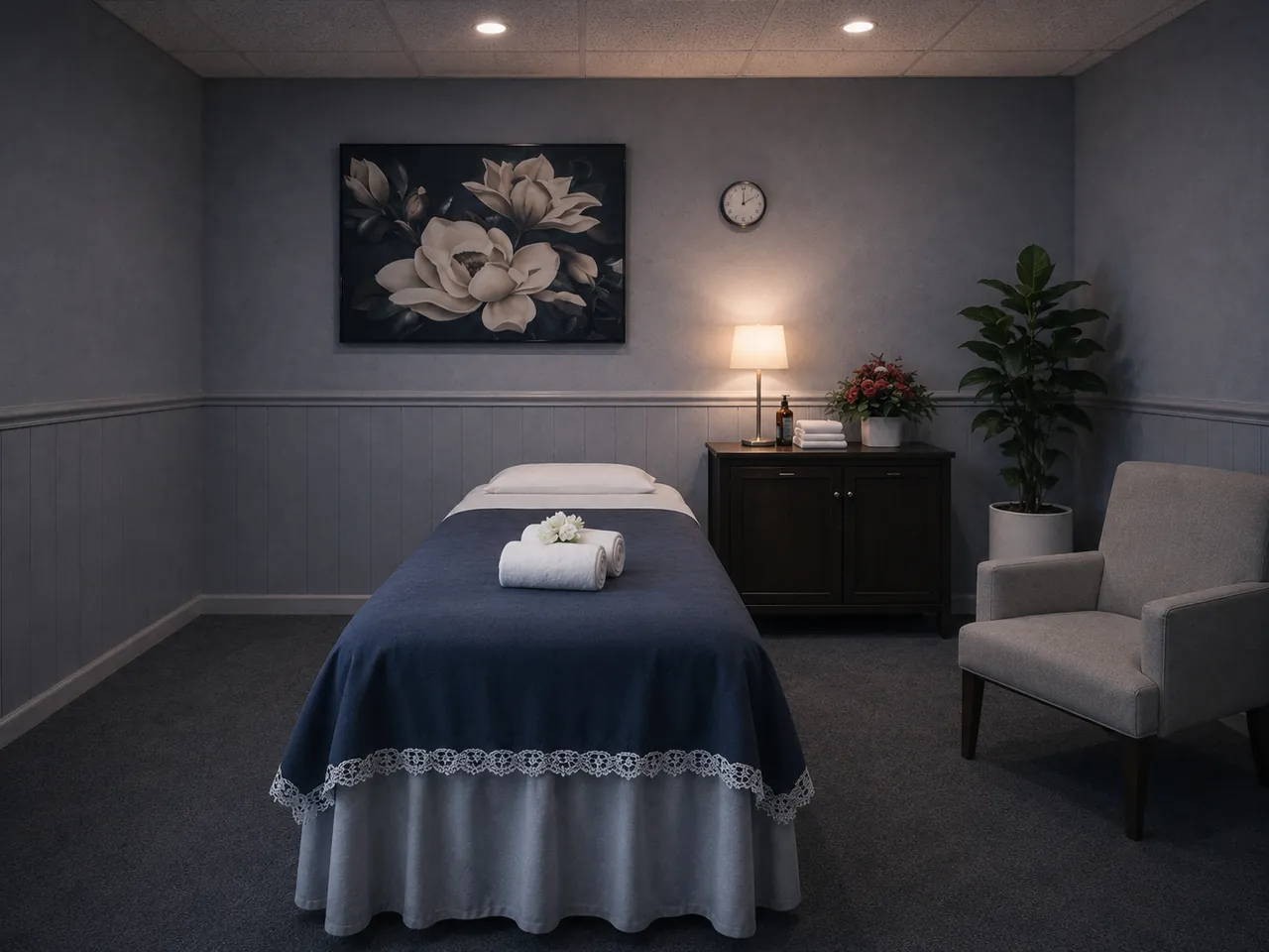 Massage room with soft lamp light and fresh towels at V Healing Massage Spa in Largo, FL