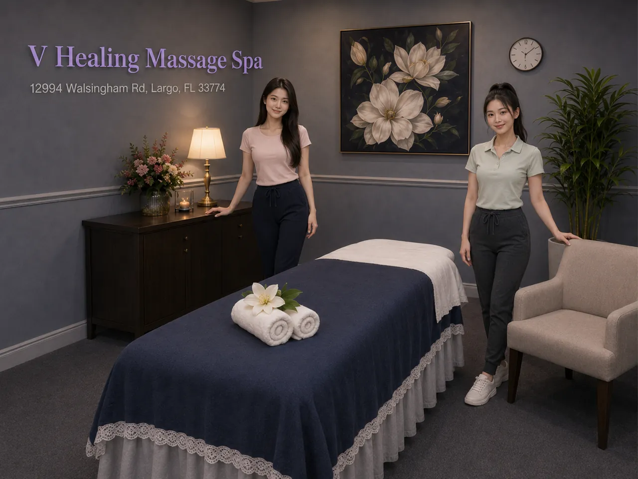 Two staff members beside a made-up massage table at V Healing Massage Spa in Largo, FL