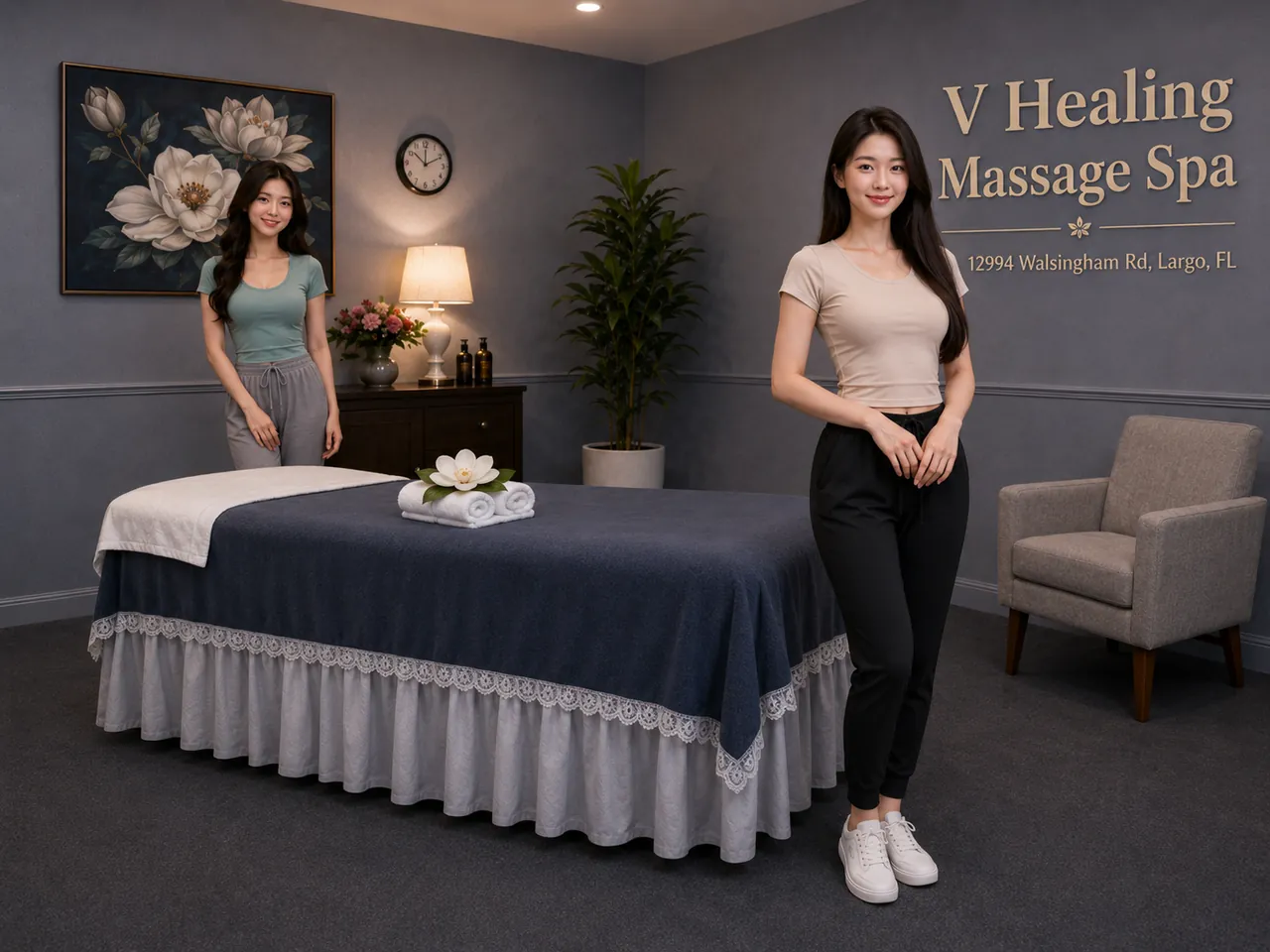 Two staff members in a calm private room at V Healing Massage Spa in Largo, FL