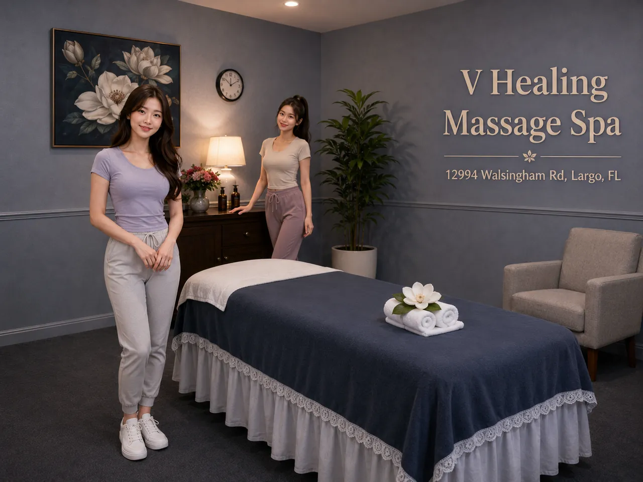Two staff members in a quiet massage room at V Healing Massage Spa in Largo, FL