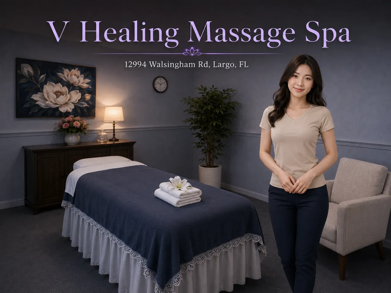 Staff member beside a clean massage table at V Healing Massage Spa in Largo, FL