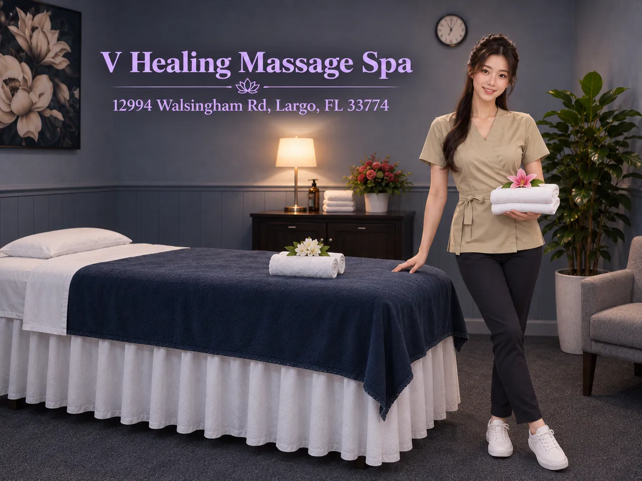 Friendly staff member beside a clean massage table at V Healing Massage Spa in Largo, FL