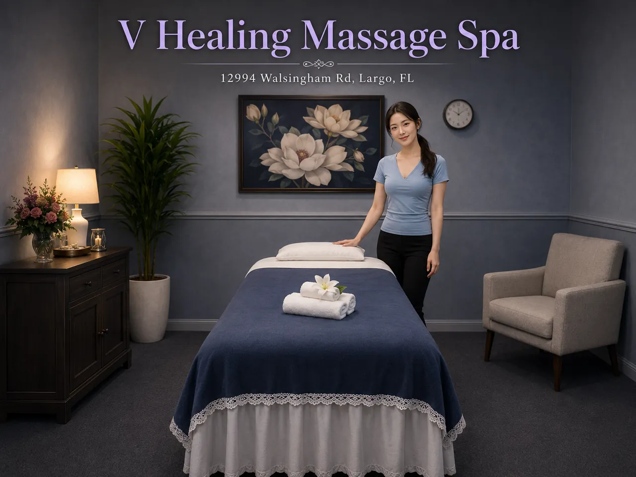Staff member in a clean massage room at V Healing Massage Spa in Largo, FL