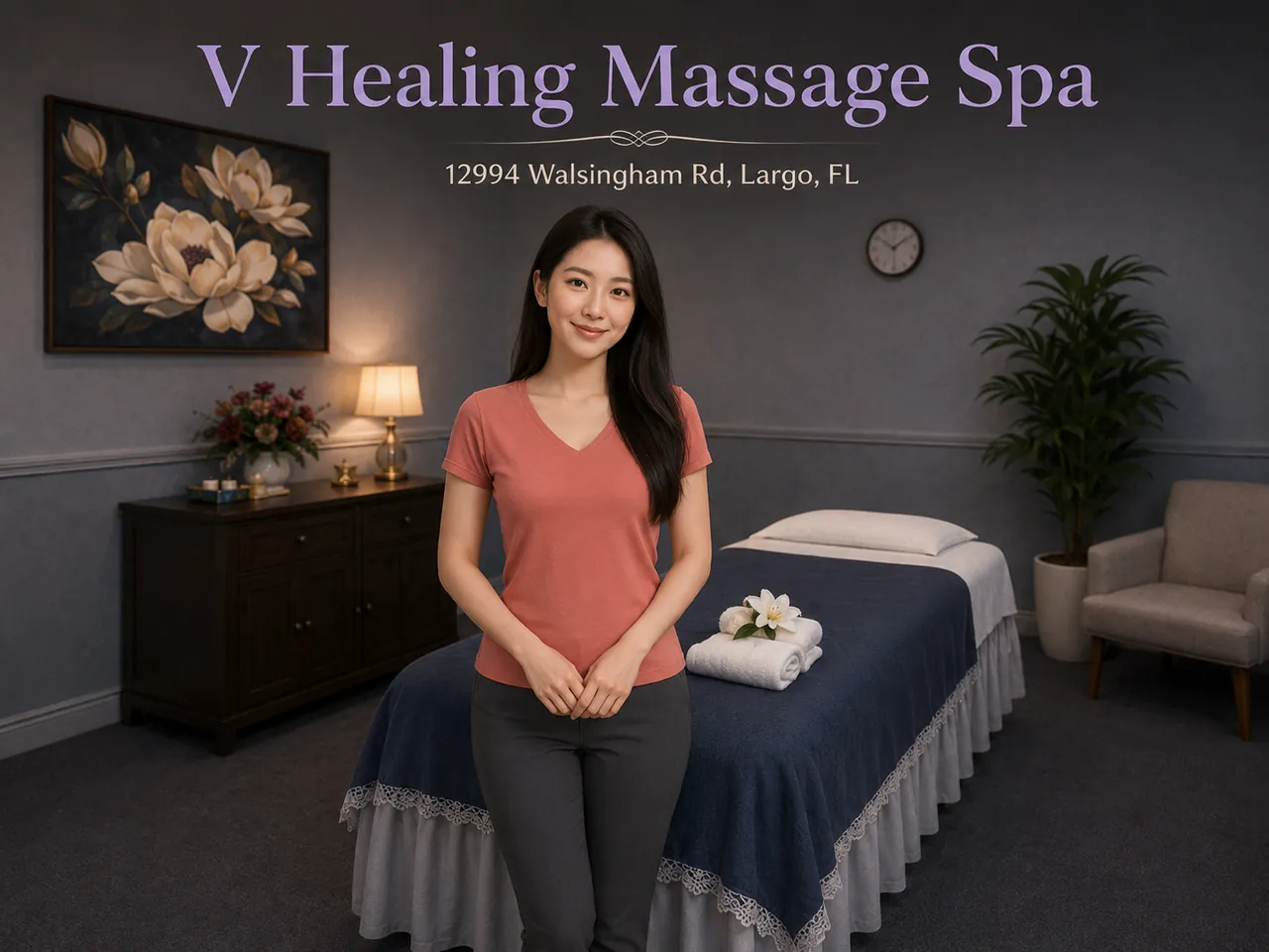 Friendly staff member beside a massage table at V Healing Massage Spa in Largo, FL