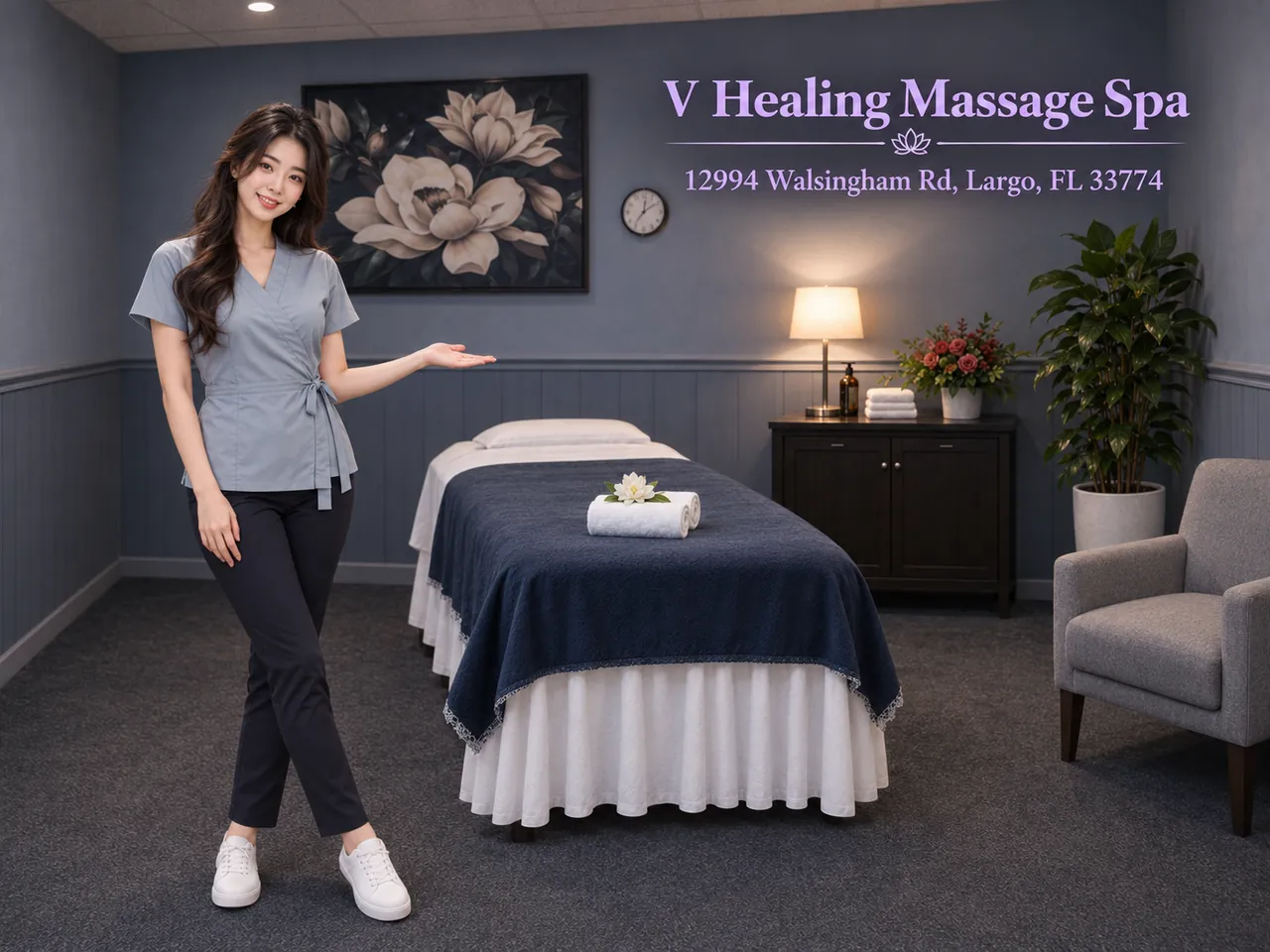 Staff member in a calm room with a softly lit lamp at V Healing Massage Spa in Largo, FL