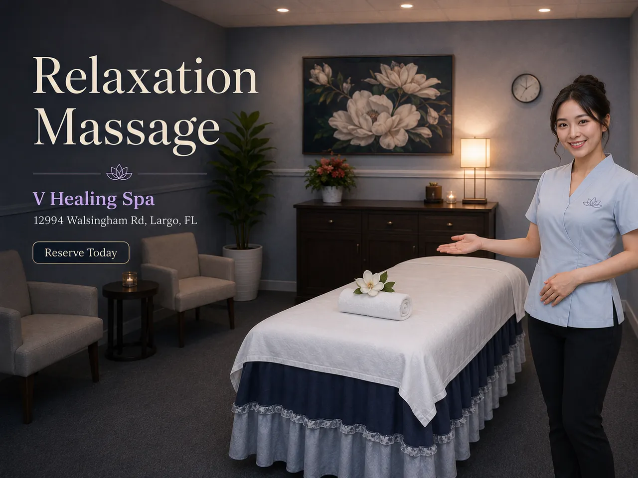 Staff member beside a table made up for a relaxation massage at V Healing Massage Spa in Largo, FL
