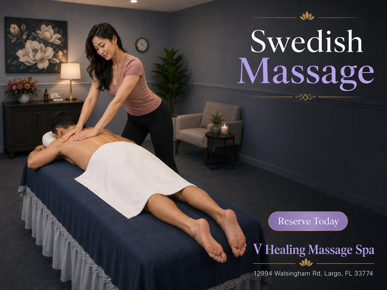 Therapist giving a Swedish massage at V Healing Massage Spa in Largo, FL